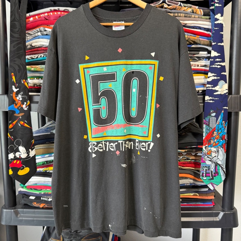 Vintage Black 50 And Better Than Ever Birthday Graphic T-Shirt XL Light Marks